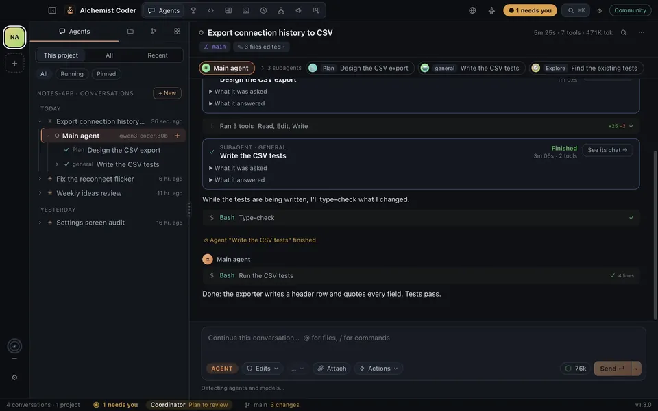 A tour of Alchemist Coder 1.3: a conversation with its subagents, the editor, the built-in browser, the coordinator on Autopilot, the organization chart, the Board and an automation
