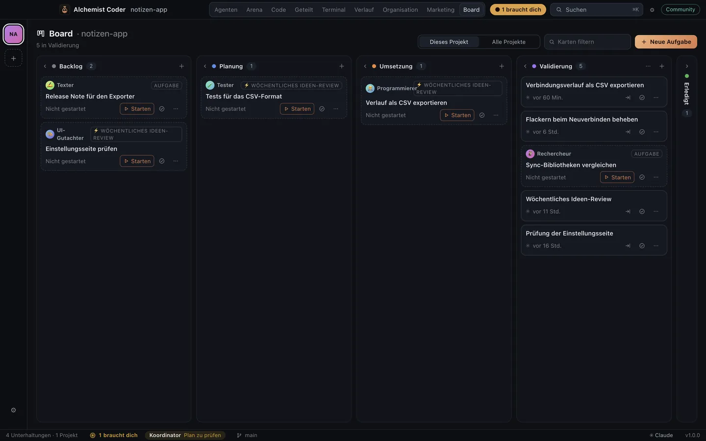Board in Alchemist Coder: Aufgaben nach Phase, jede einem Agenten zugewiesen, einige von einer Automatisierung geschrieben
